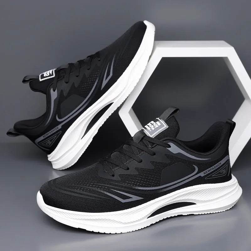 Men's black breathable mesh casual shoes with a rubber sole on a white background.