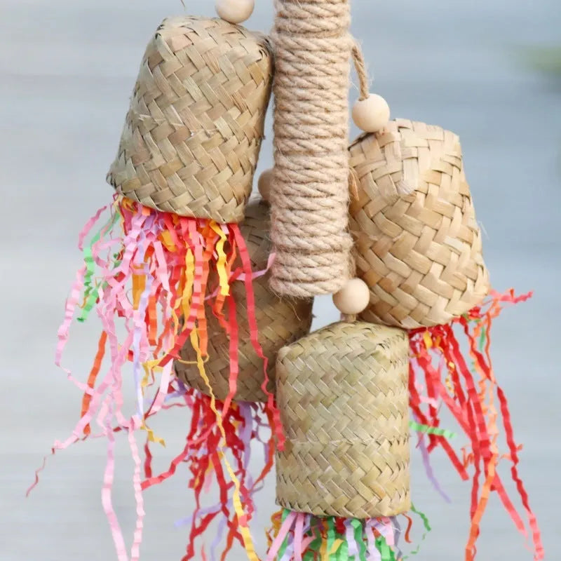 Wood and sisal rope shredded paper bird toy for parrots measuring 15cm by 35cm