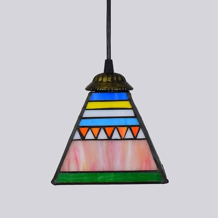 Art stained glass droplight pendant with 15cm coloured glass shade and iron ceiling mounting plate