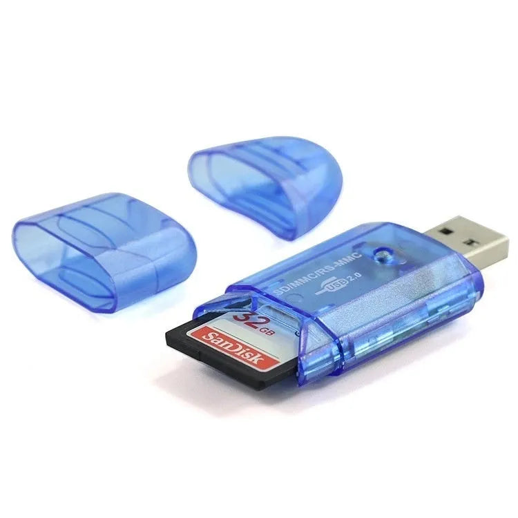 Transparent plastic USB card reader showing internal components with optional LED illumination