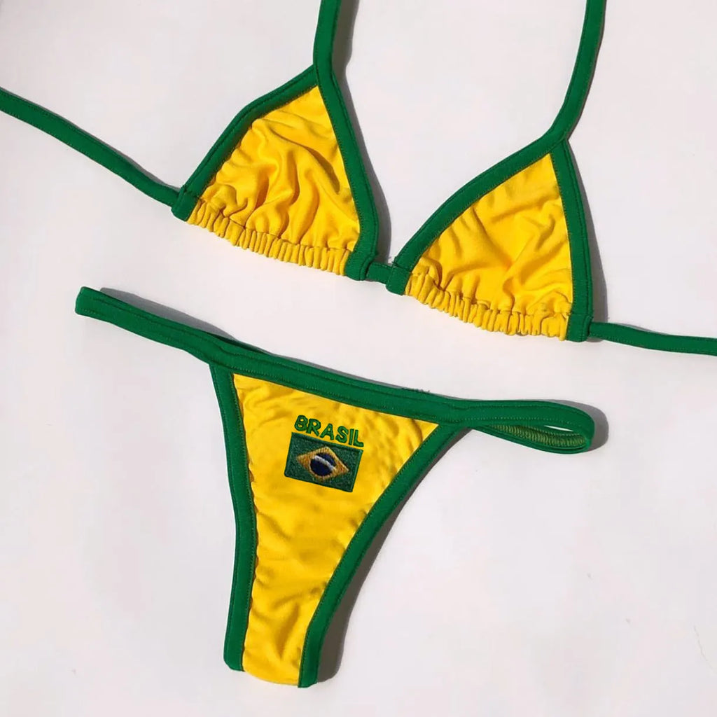 Women's yellow polyester bikini set with T-back bra and short-style bottoms.