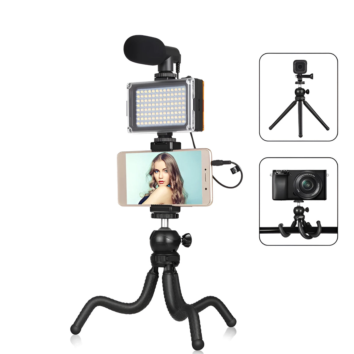 Black octopus flexible tripod stand with fill light and microphone for live streaming