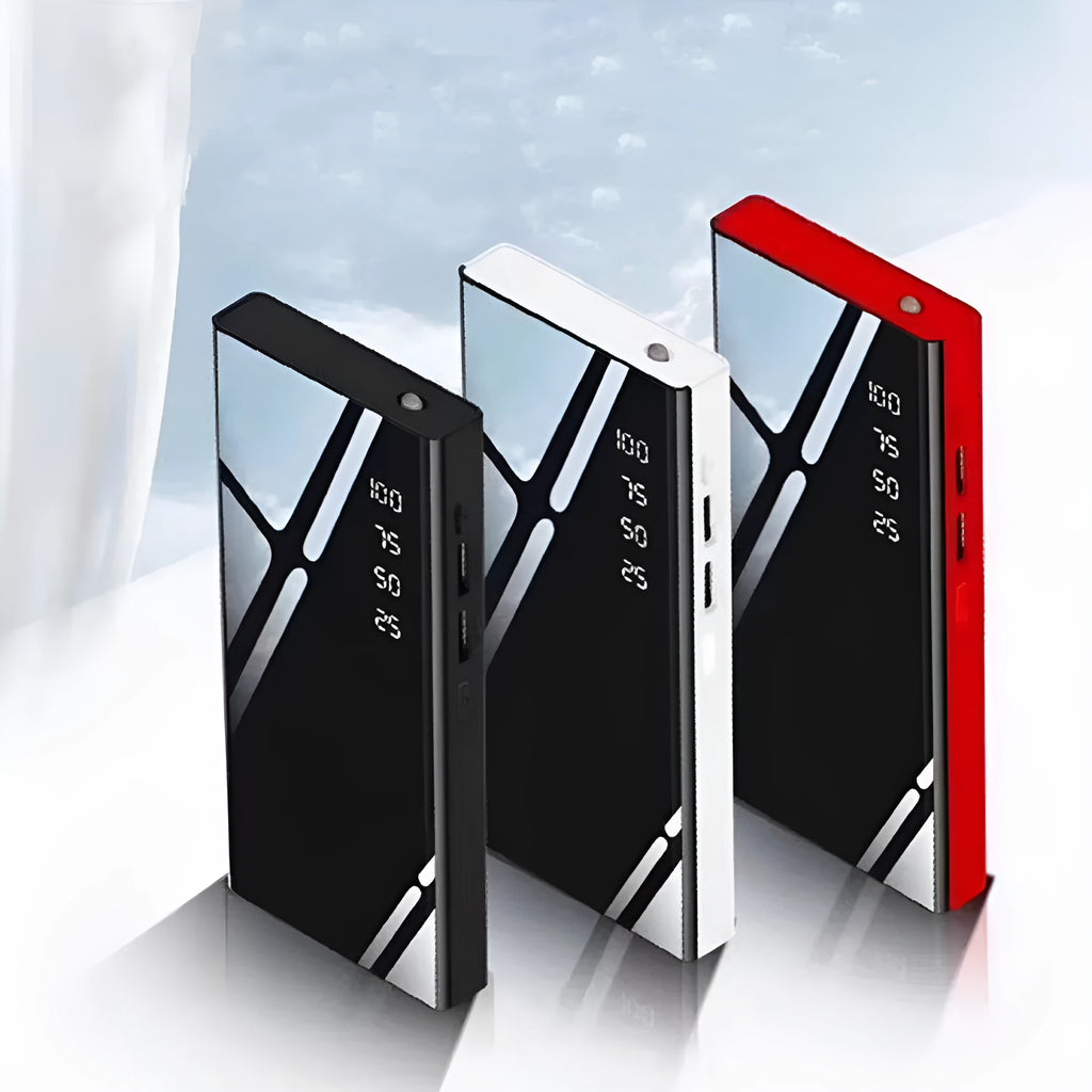 20000mAh power bank with LCD display showing battery percentage, dual USB ports, and compact design