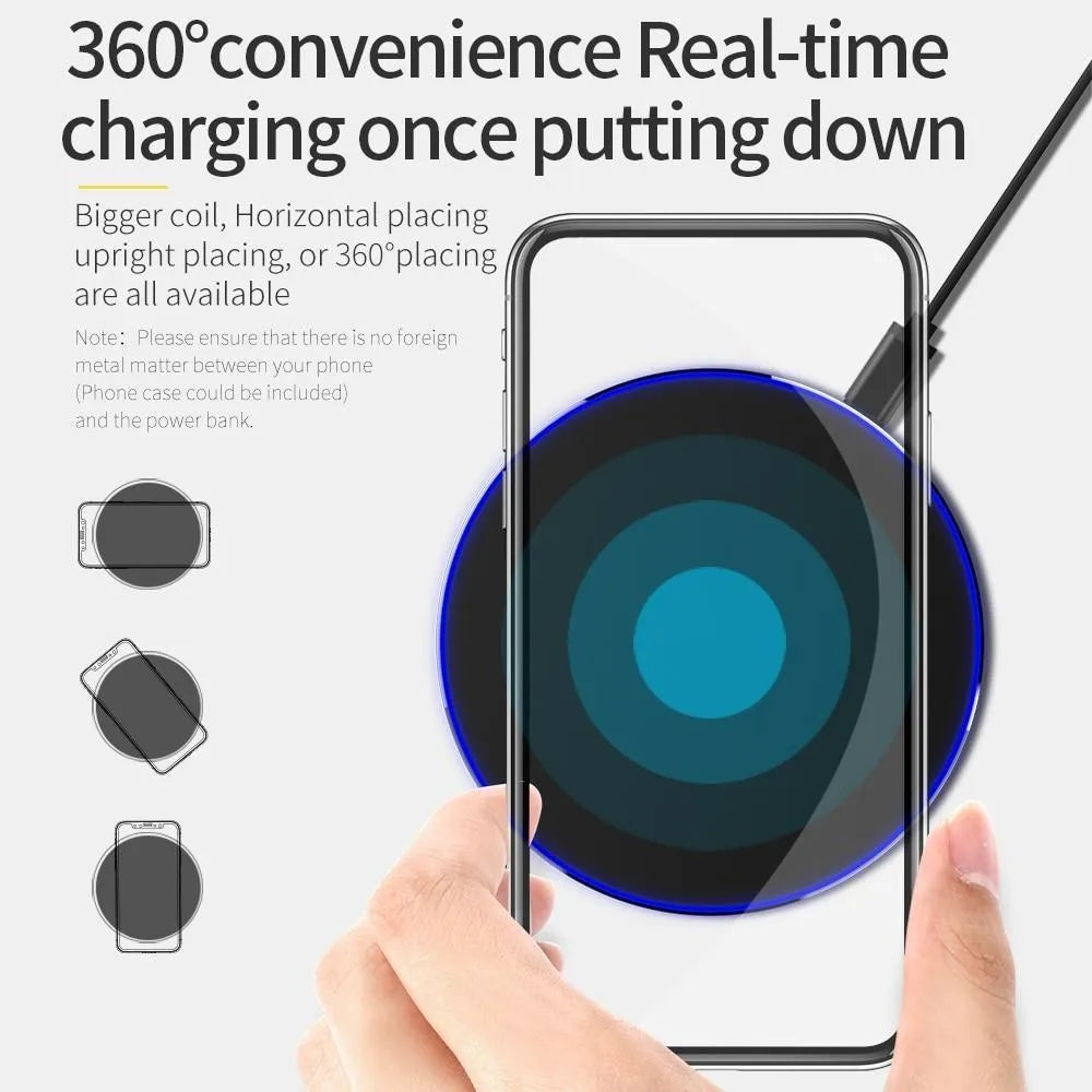 Ultra-thin black QI wireless fast charger with dimensions 98x98x6.5mm showing charging surface and USB port