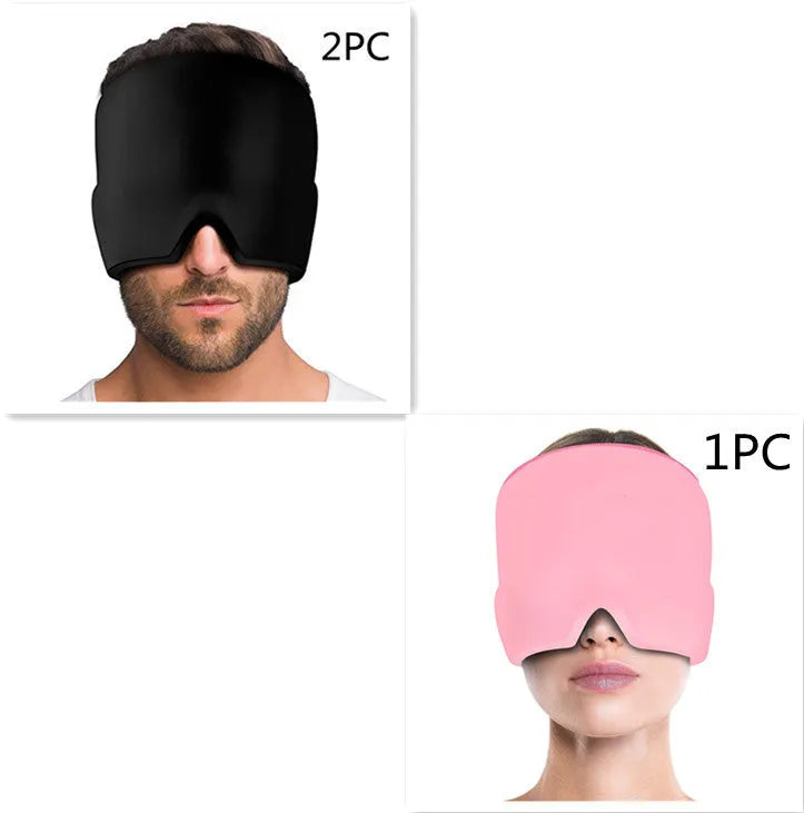 Black elastic cloth gel eye mask for headache relief showing adjustable design