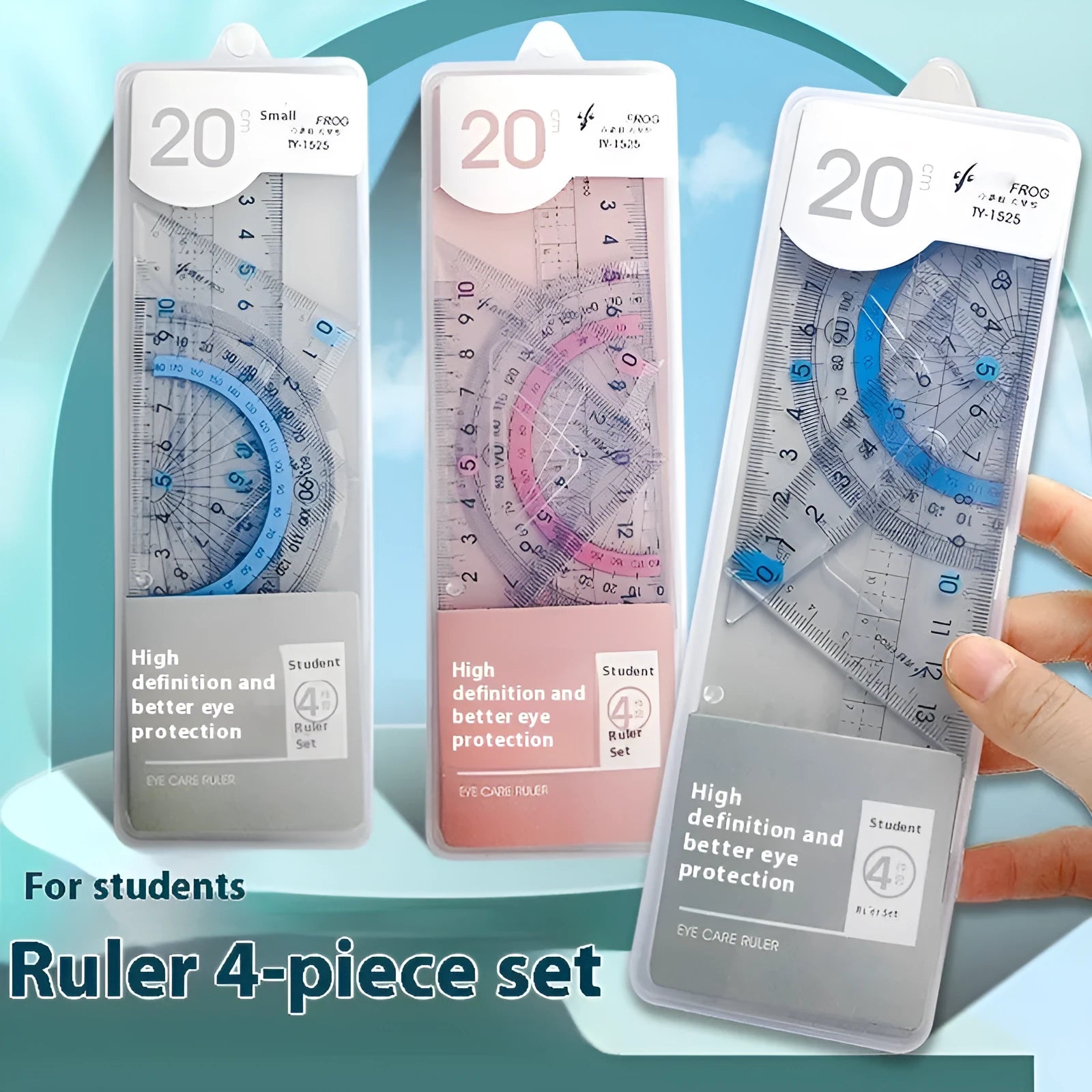 Youpai transparent acrylic ruler set with square and protractor in blue or black styles for drawing