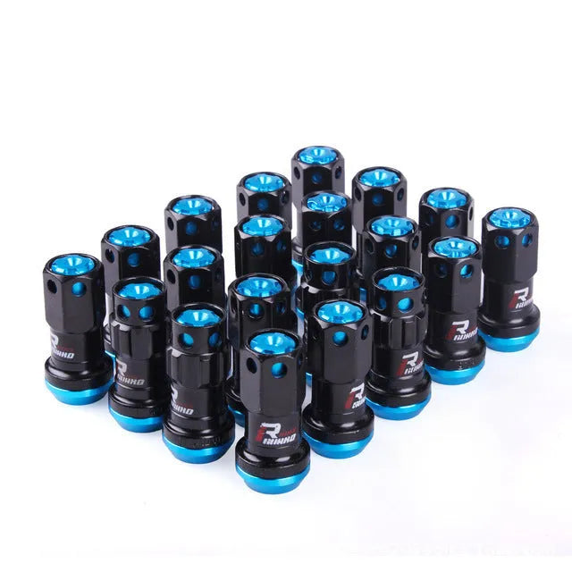 Universal aluminium alloy wheel hub nuts in multiple colour options with flat head design