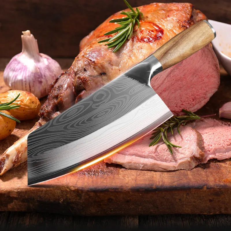 40cr13 forged stainless steel kitchen knife with a 320mm blade on a kitchen counter.