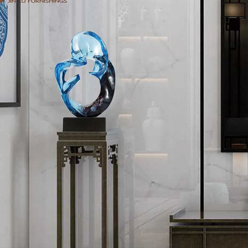Transparent blue resin modern ornament on a wooden surface.