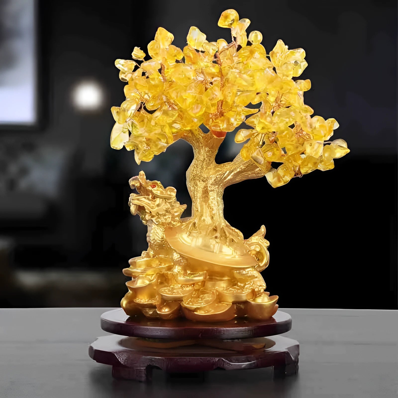 Citrine coloured resin turtle money tree Feng Shui ornament measuring 18 by 11 by 23 centimetres