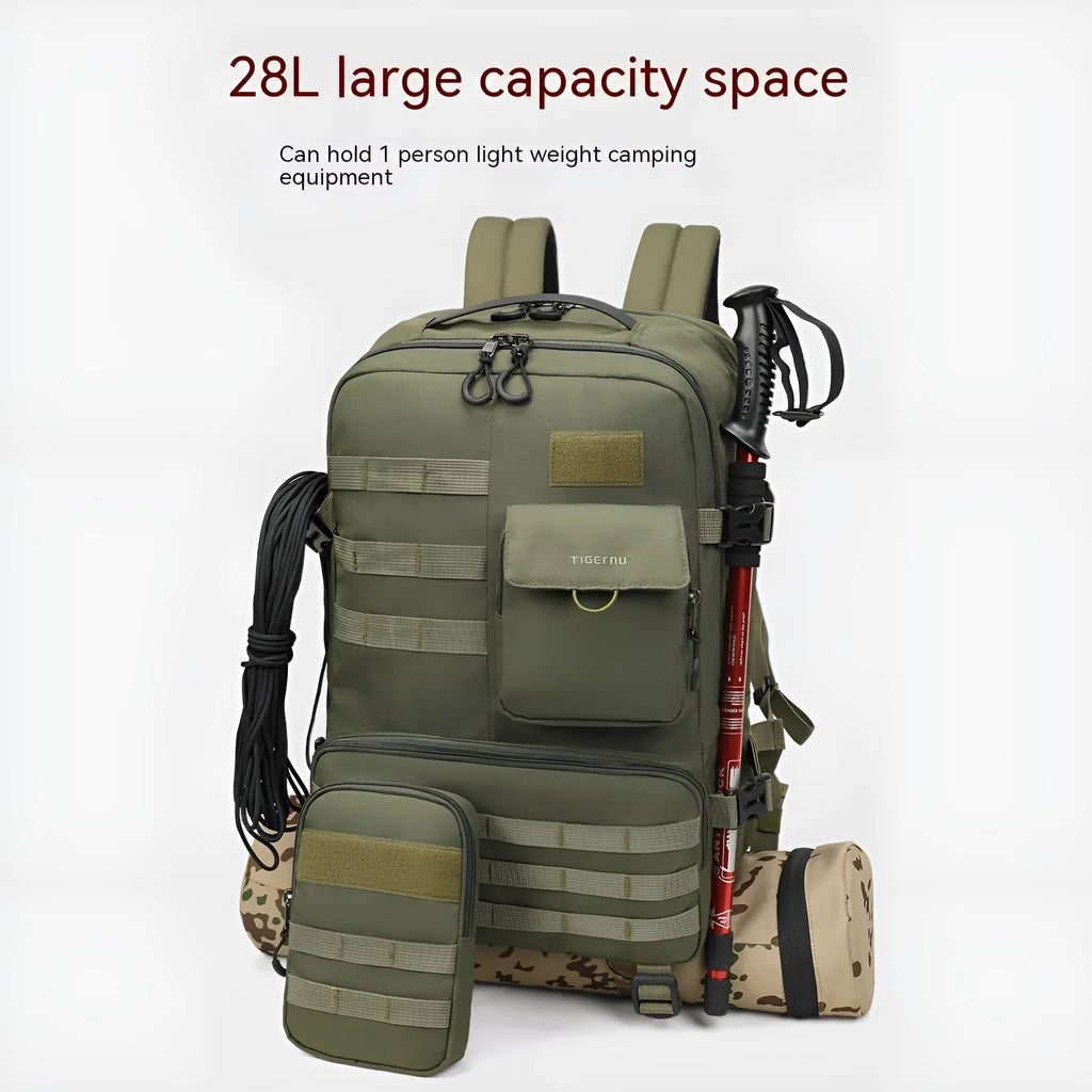 17-inch waterproof tactical backpack in army green colour with outdoor sports equipment