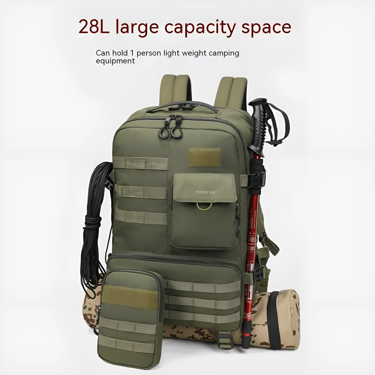 17-inch waterproof tactical backpack in army green colour with outdoor sports equipment