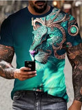 Men's grey t-shirt with a fierce 3D lion head graphic print on the front.