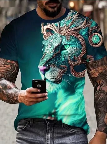 Men's grey t-shirt with a fierce 3D lion head graphic print on the front.