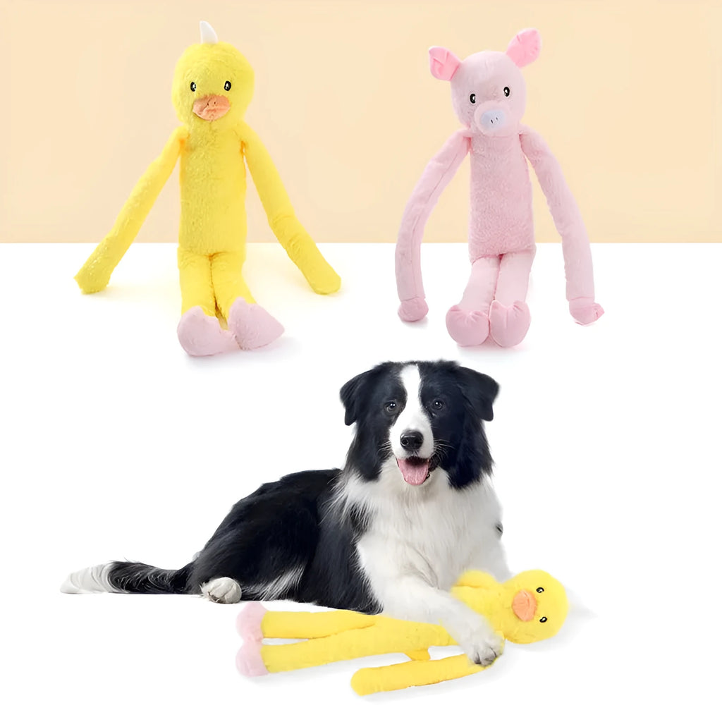 Soft plush dog toy with rattle paper sound feature for large breeds in pink or yellow colours