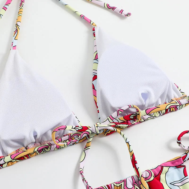 Women's triangle printed bikini swimsuit with adjustable hanging neck strap on polyester fabric