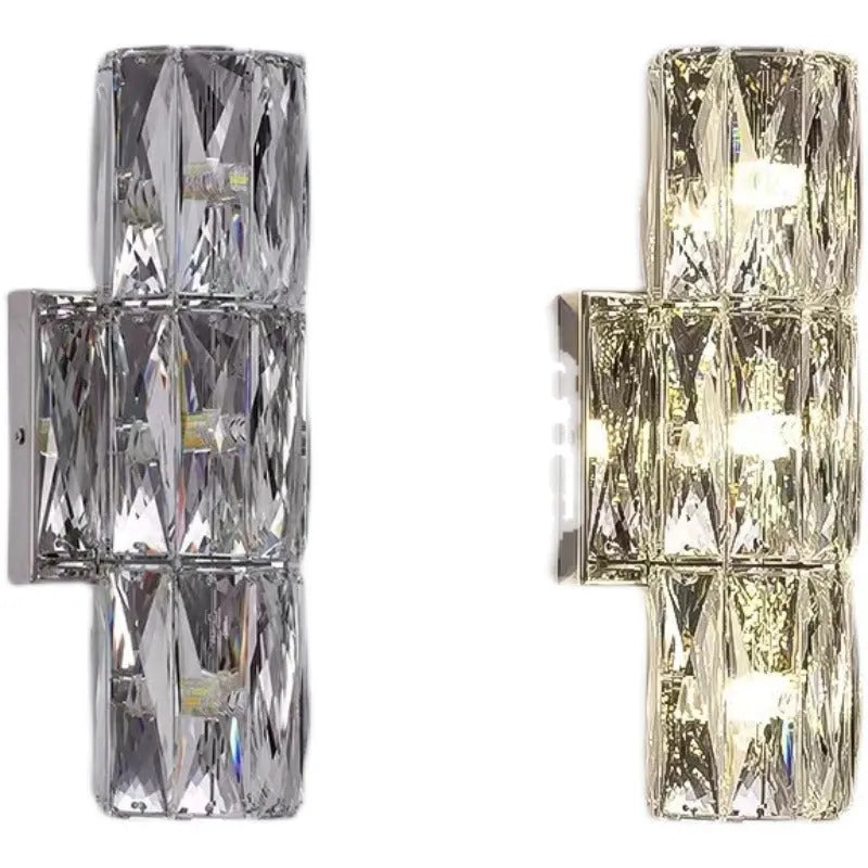 Crystal shade wall lamp with stainless steel body in chrome or gold finish, shown in multiple sizes.
