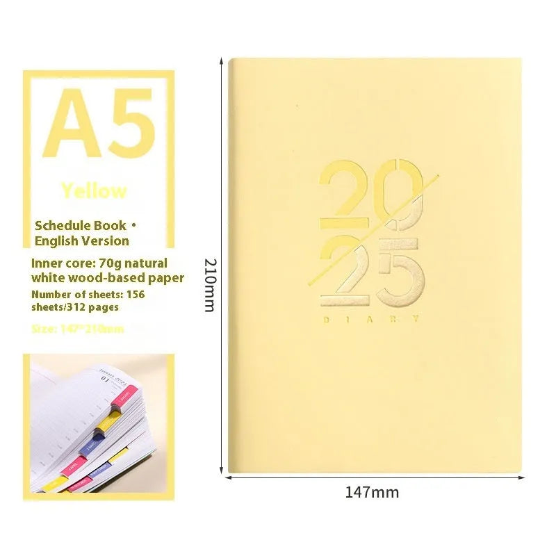 A5 daily schedule book with soft faux leather cover, open to show thread-bound 150 pages.