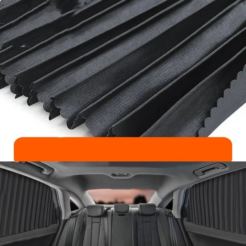 Retractable car sun curtain extended across windscreen with roller shutter mechanism visible.