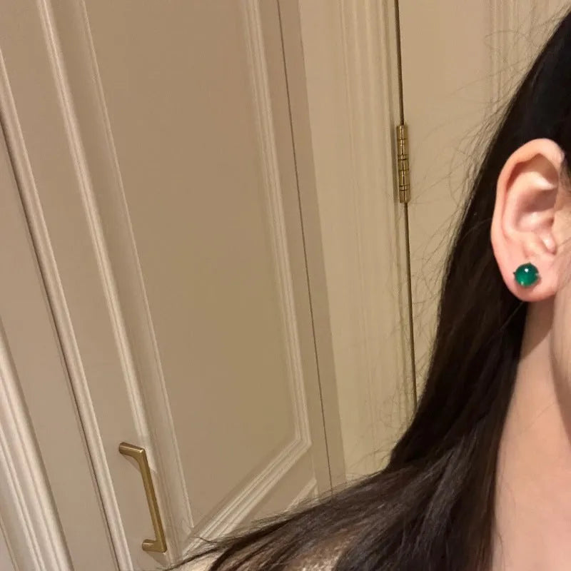 Round chalcedony stud earrings with four-claw copper setting in Chinese national fashion retro style