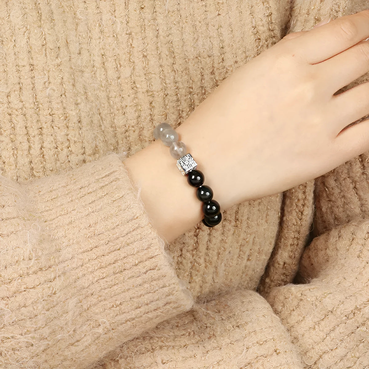 Khaki geometric crystal couple bracelet for men and women, 10mm size.