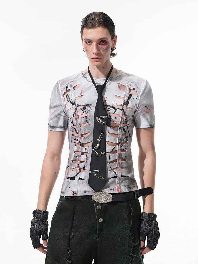 Men's white cotton T-shirt with cut hollow-out pattern on short sleeves