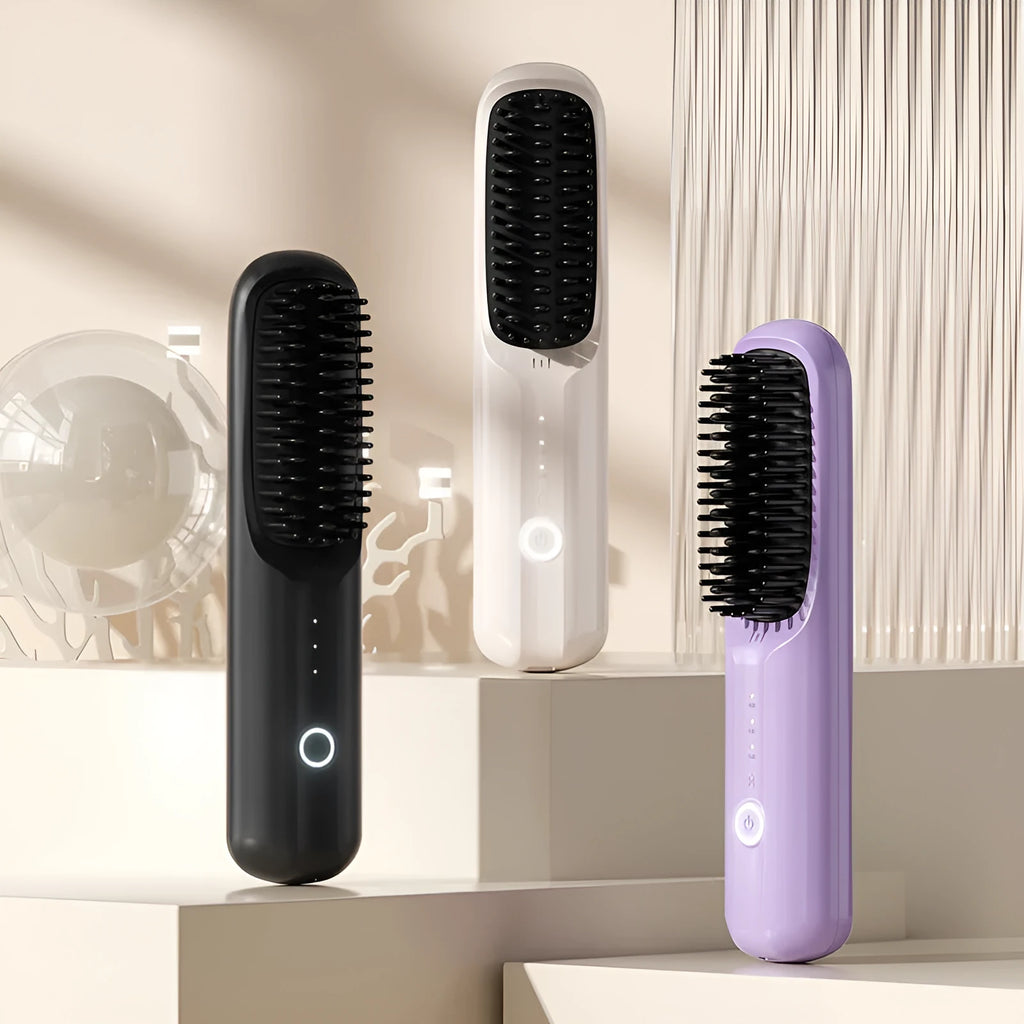 Wireless anion straightening comb in beige, pink, purple, or black colours with ceramic plates