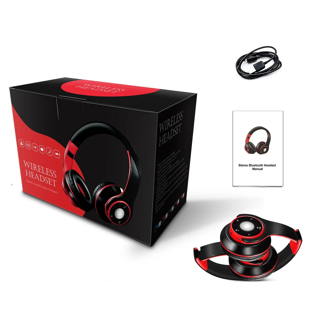 Foldable wireless Bluetooth headset in blue, red, or rose red with adjustable hinges.