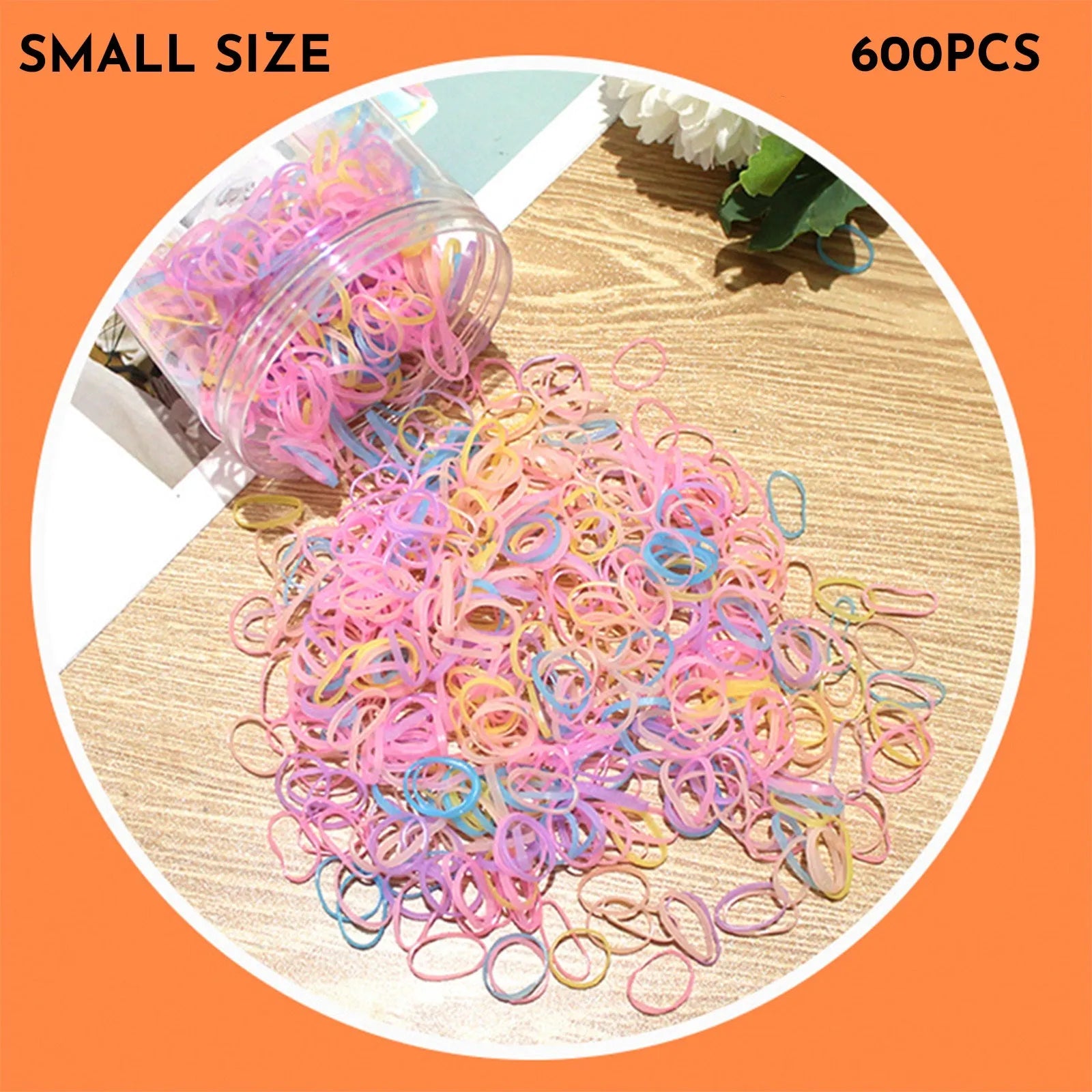 Multi-colour TPU baby hair bands in a reusable container, 300 or 600 piece pack.