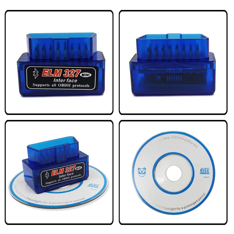Small blue OBD2 Bluetooth diagnostic scanner with ELM327 chip for reading car engine fault codes