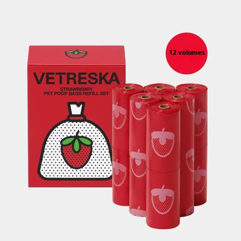 Portable dog poo bag dispenser capsule with scented inner bags in strawberry, orange, or cherry blossom options