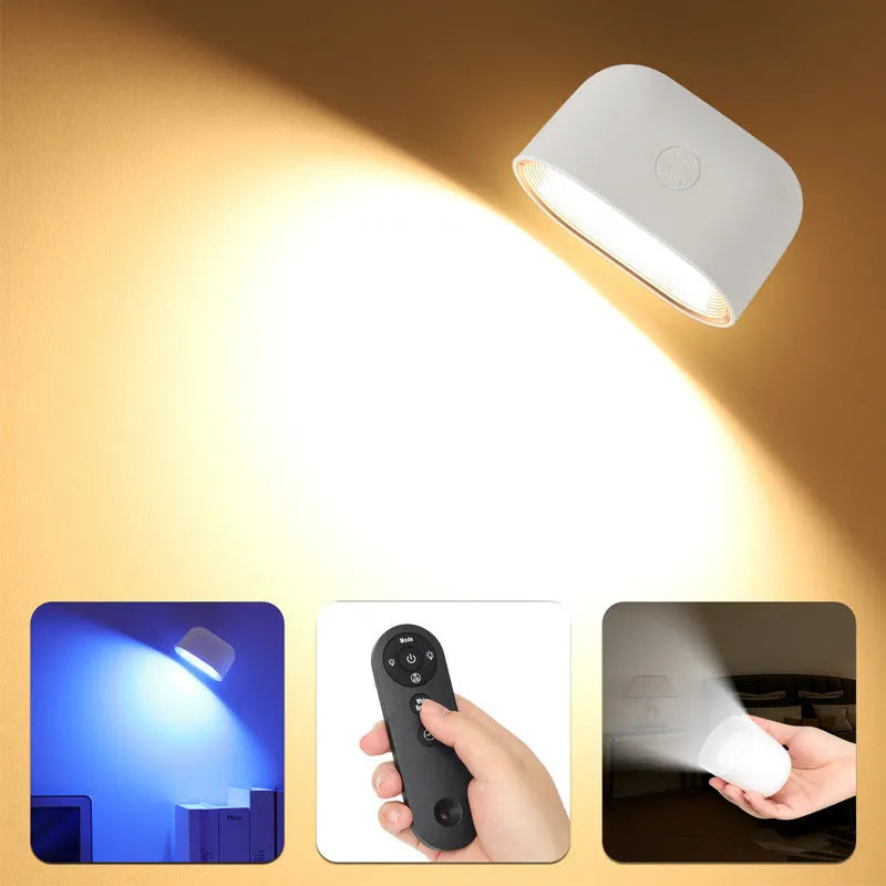 Oval-shaped remote control magnetic wall lamp with punch-free adhesive mounting on a wall.