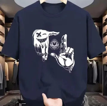 Men's grey cartoon print t-shirt with round neck and short sleeves on a hanger.
