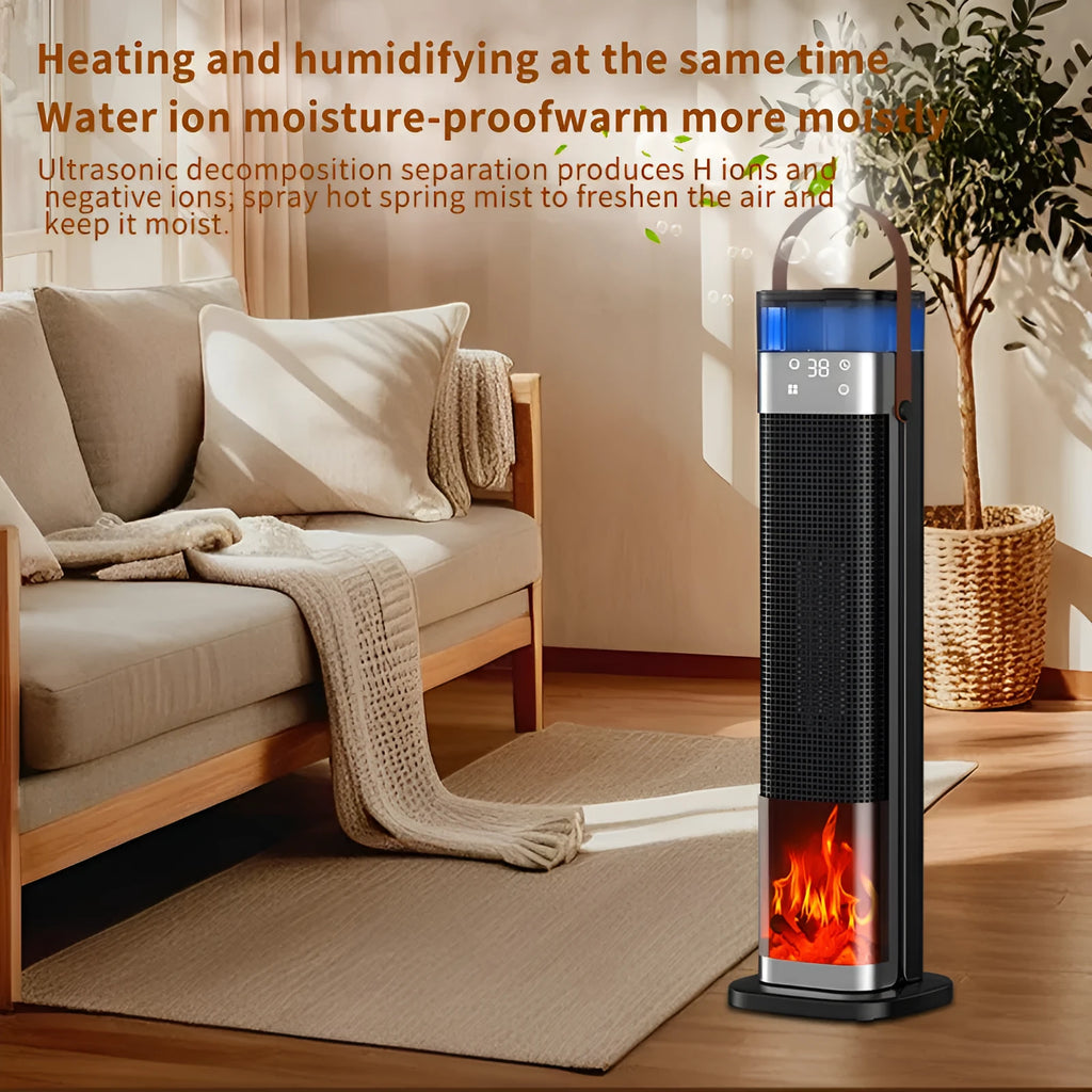 Tall vertical intelligent heater with humidification and voice control remote.