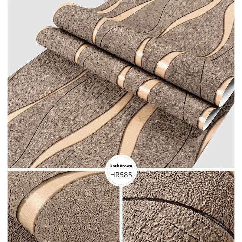 Close-up of dark brown curve stripe 3D velvet texture decorative wallpaper roll