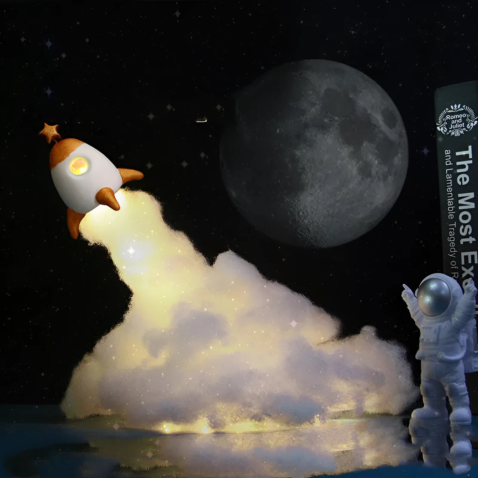 DIY astronaut rocket LED night light kit components including model, string lights, straws, and chassis.