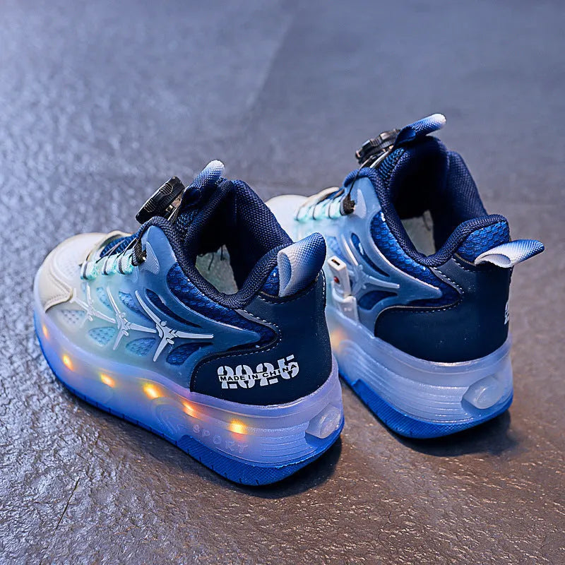 Children's flash knob roller skating shoes with striped pattern and rotating button closure