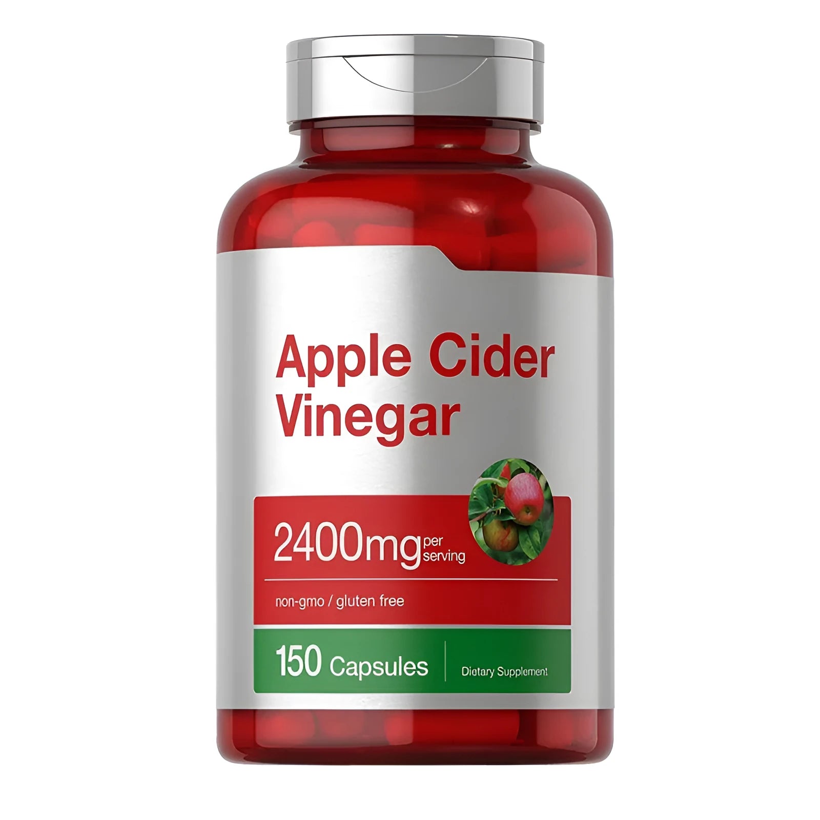 Bottle of apple cider vinegar capsules containing 150 tablets for dietary support