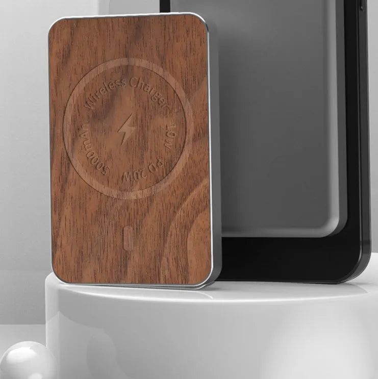 Khaki magnetic wireless charging bank with 5000mAh capacity measuring 102mm x 63mm