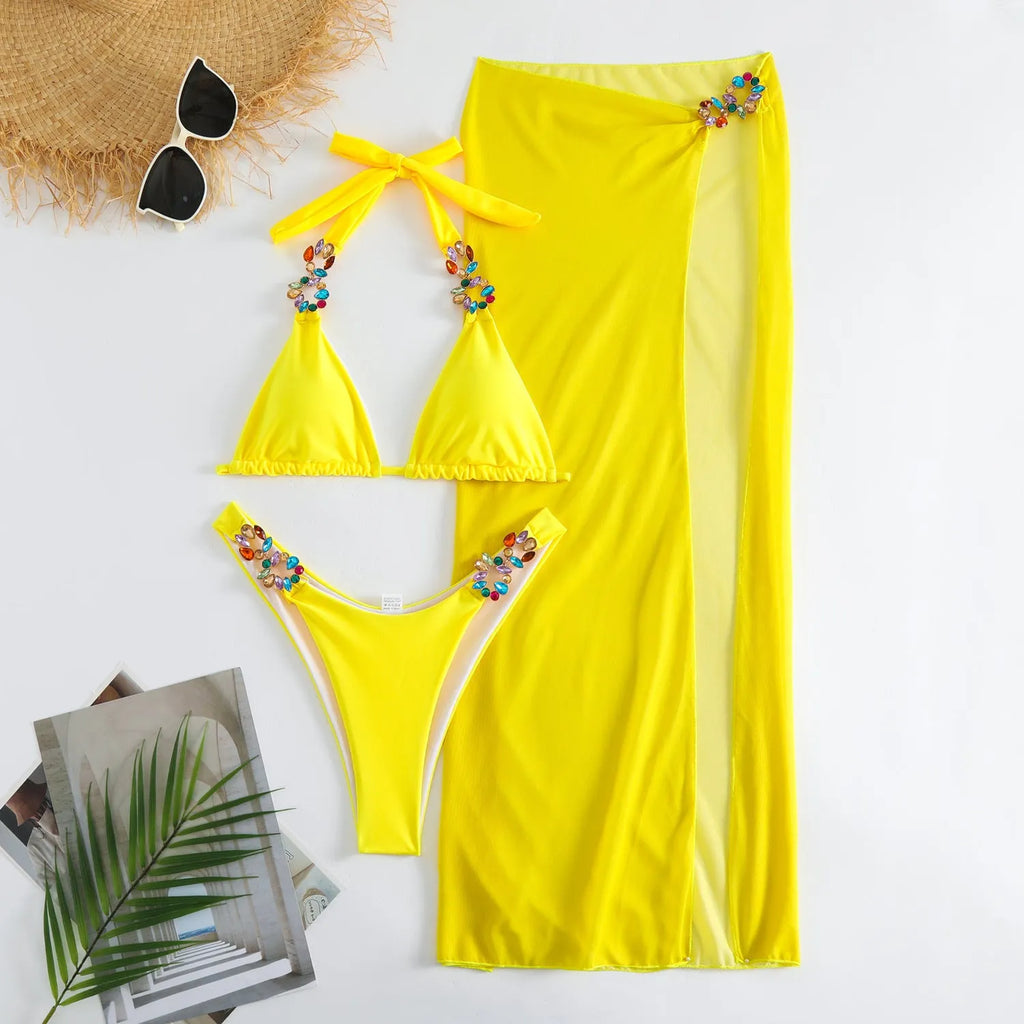 Women's three piece swimsuit set with mesh skirt in rose red or yellow colour