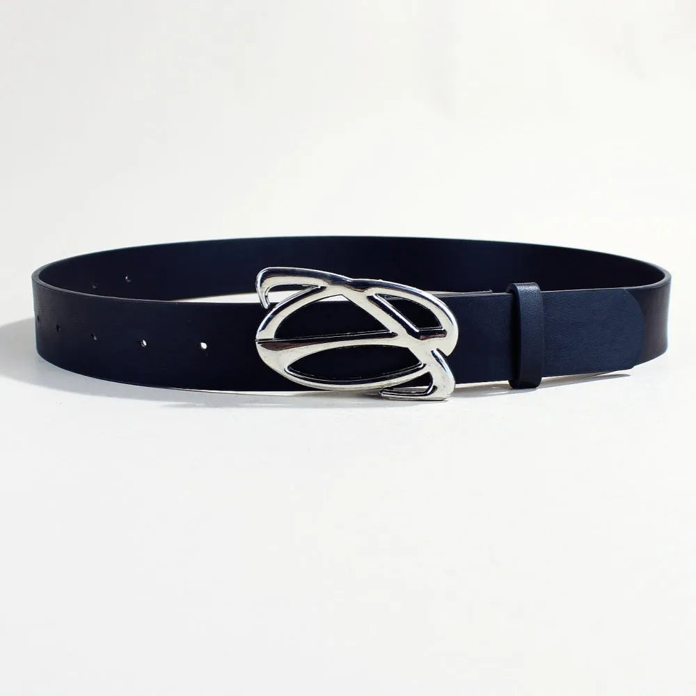 Casual silver buckle belt with PU leather strap showing snap button closure.