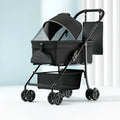 Black one-click folding detachable pet cart with metal frame shown folded and unfolded