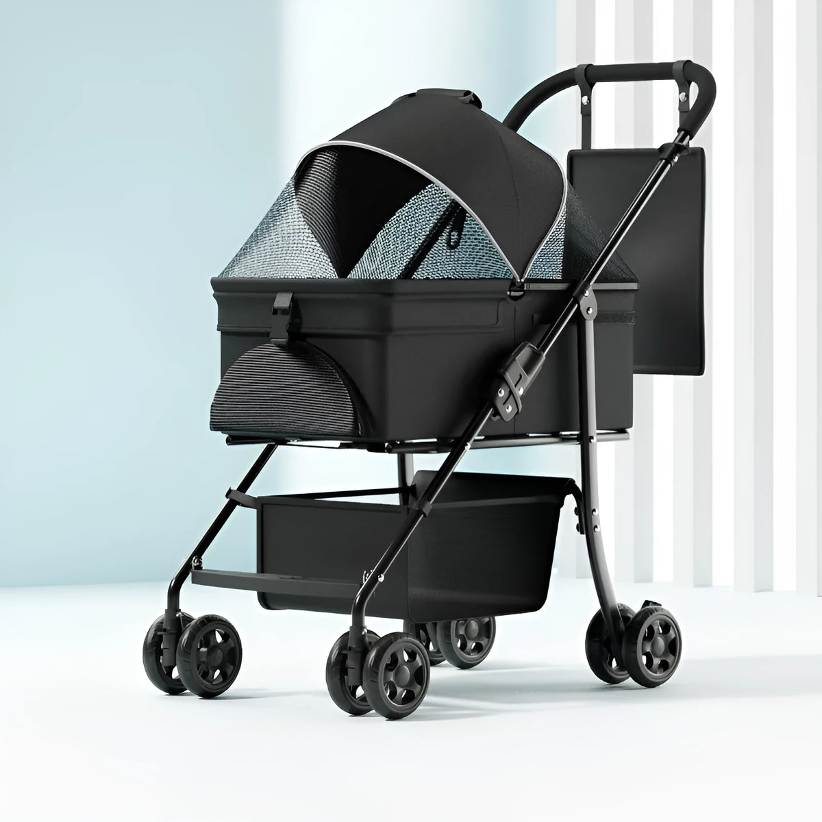Black one-click folding detachable pet cart with metal frame shown folded and unfolded