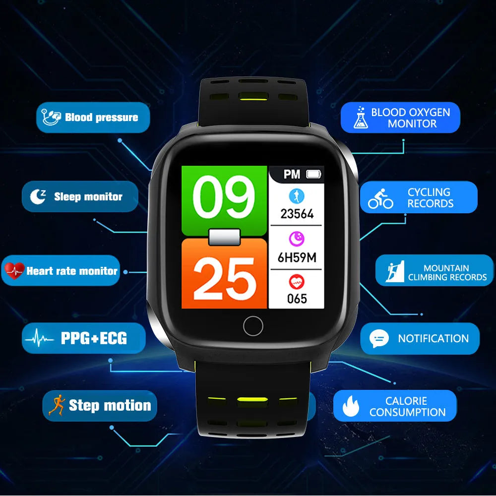 F16 Smart Watch with ECG monitor showing black grey silicone wristband and 43mm display