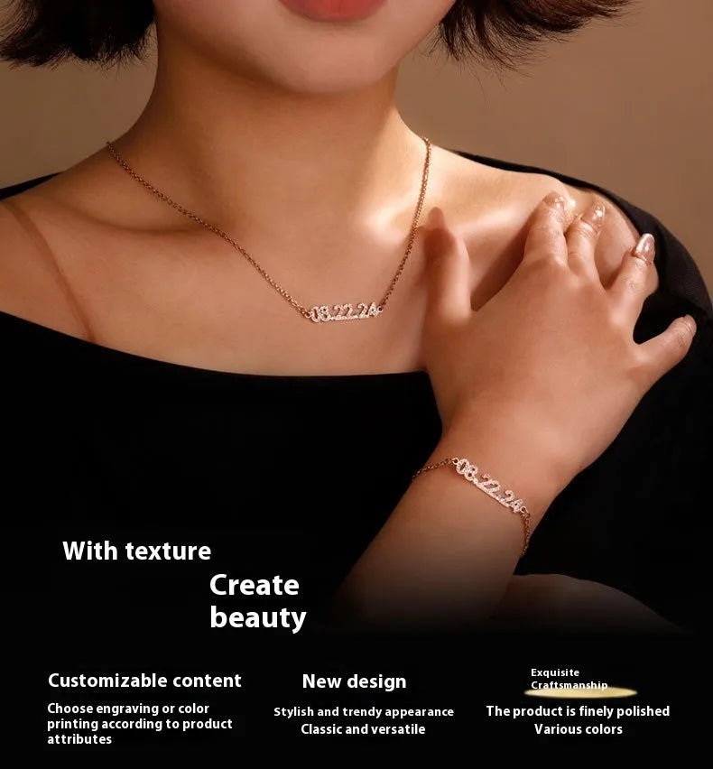 Stainless steel digital bracelet or necklace with diamond-set bezel showing time display, in gold, rose gold, or steel finish.