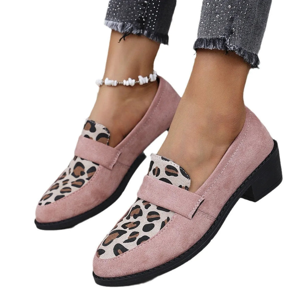 Women's leopard print suede slip-on shoes with chunky mid-heel in brown colour
