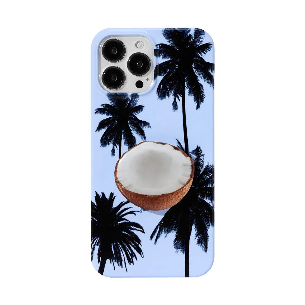 Original Summer Coconut design TPU phone case for Apple iPhone models on a table.