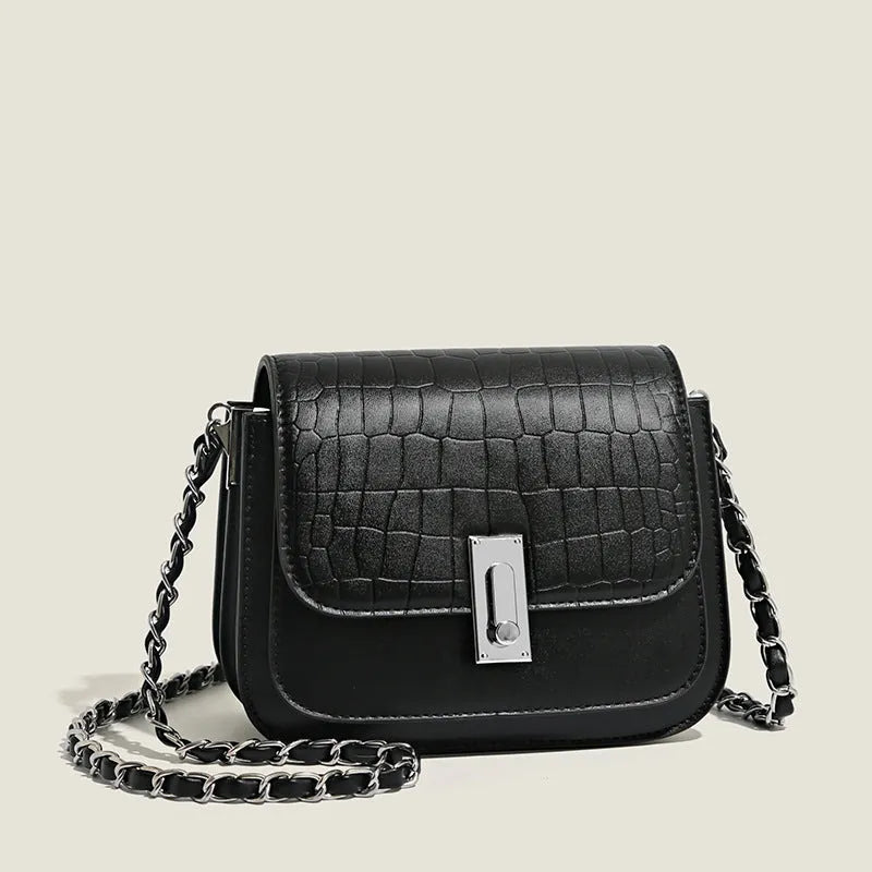 Black soft PU women's chain shoulder bag with sandwich pocket design and decorative sewing thread.