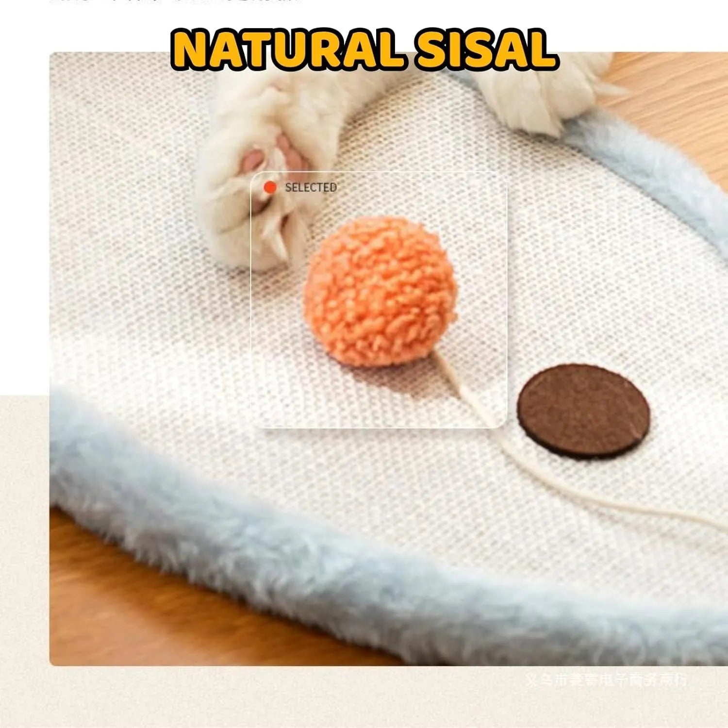 White cat scratching mat with sleeping cat cartoon design made from natural sisal
