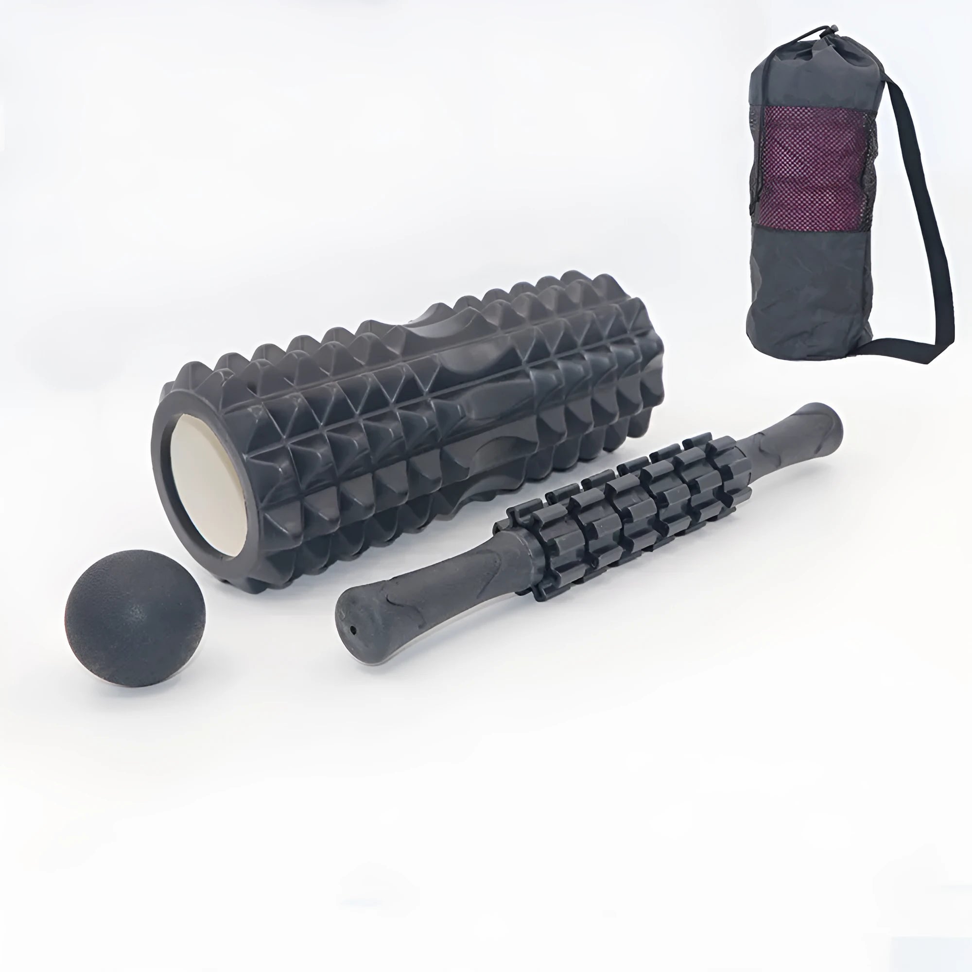 Black foam fitness roller with six-piece gear design, 33cm length, for massage and recovery.